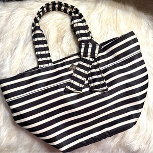kate spade Flatiron Hana Stripe Tote Black White Nylon Bag Gold Logo Bow
